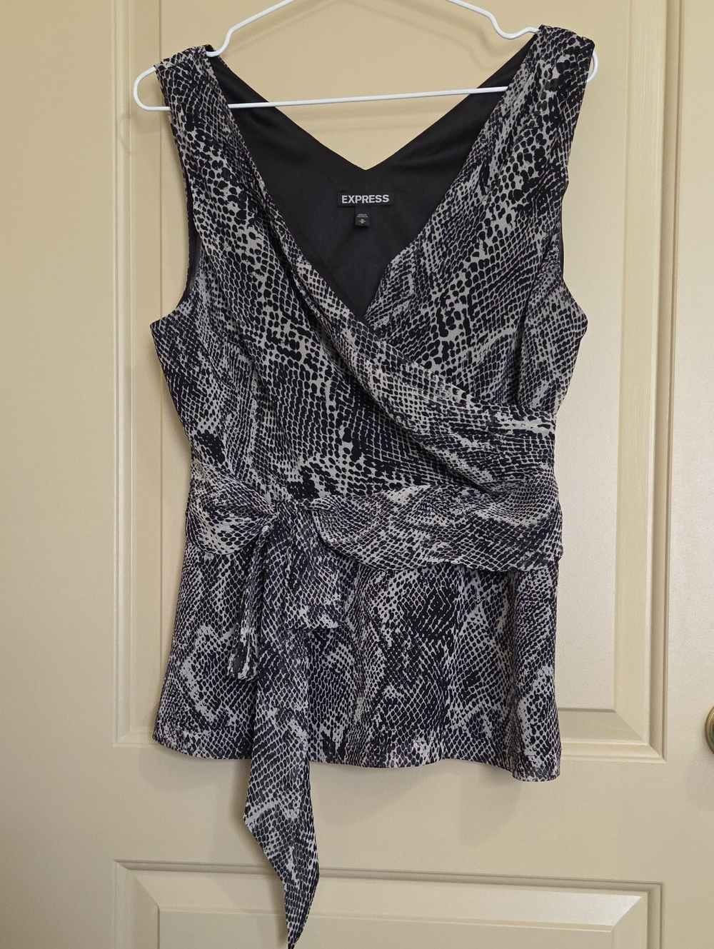 Express Black & White Snake-Print Wrap Top